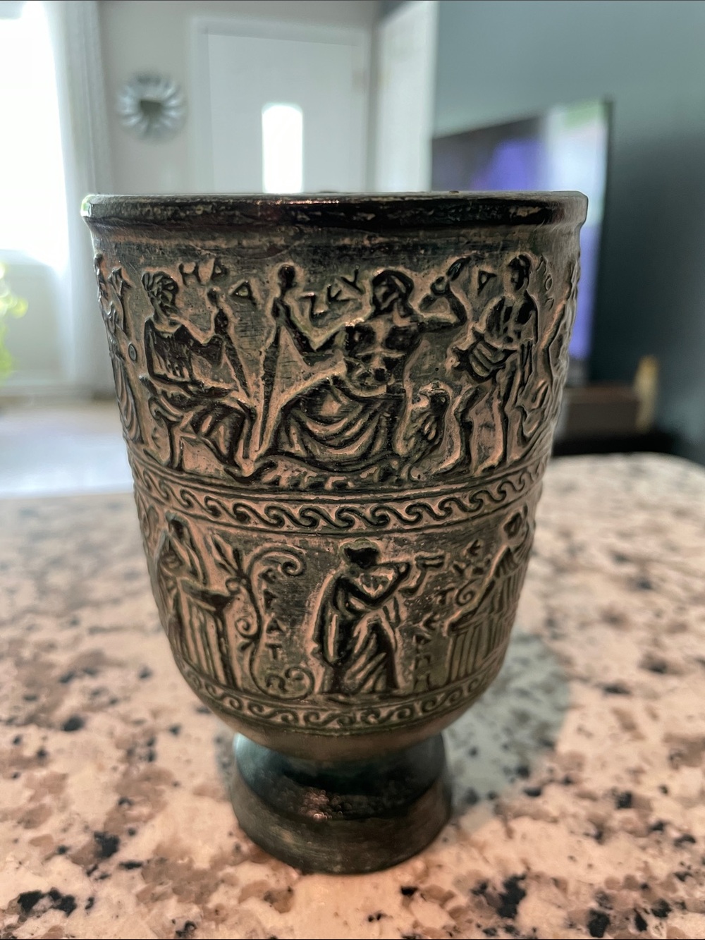 Releif Terracotta Goblet feat. Greek gods and goddesses green patina finish 5”